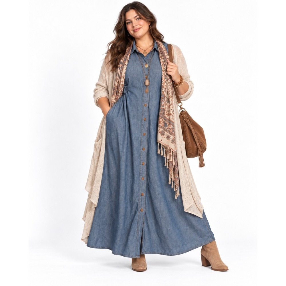 Womens XL MNG Mango Chambray Denim Style Maxi Dress Cotton Lagenlook Boho Ruched